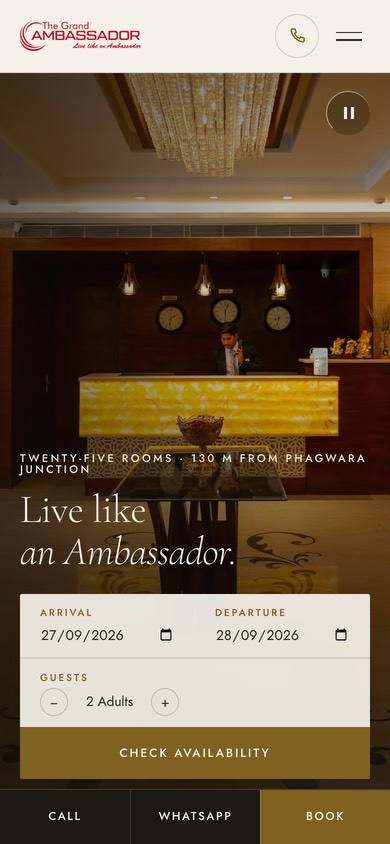 The hotel’s home page on a phone, first screen, with Call, WhatsApp and Book fixed along the bottom.