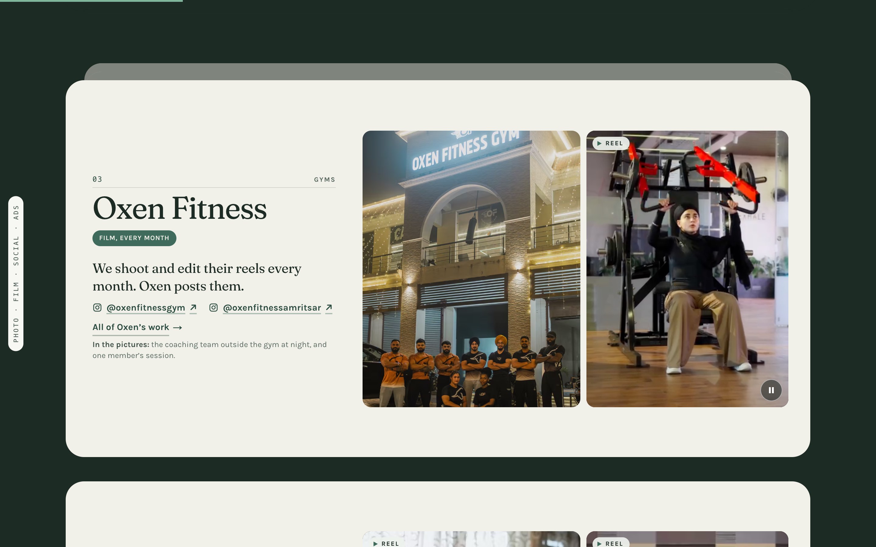 Oxen Fitness’s card on GrowMint’s home page: the tag ‘Film, every month’ and the line ‘We shoot and edit their reels every month. Oxen posts them.’, beside the coaching team outside the gym.
