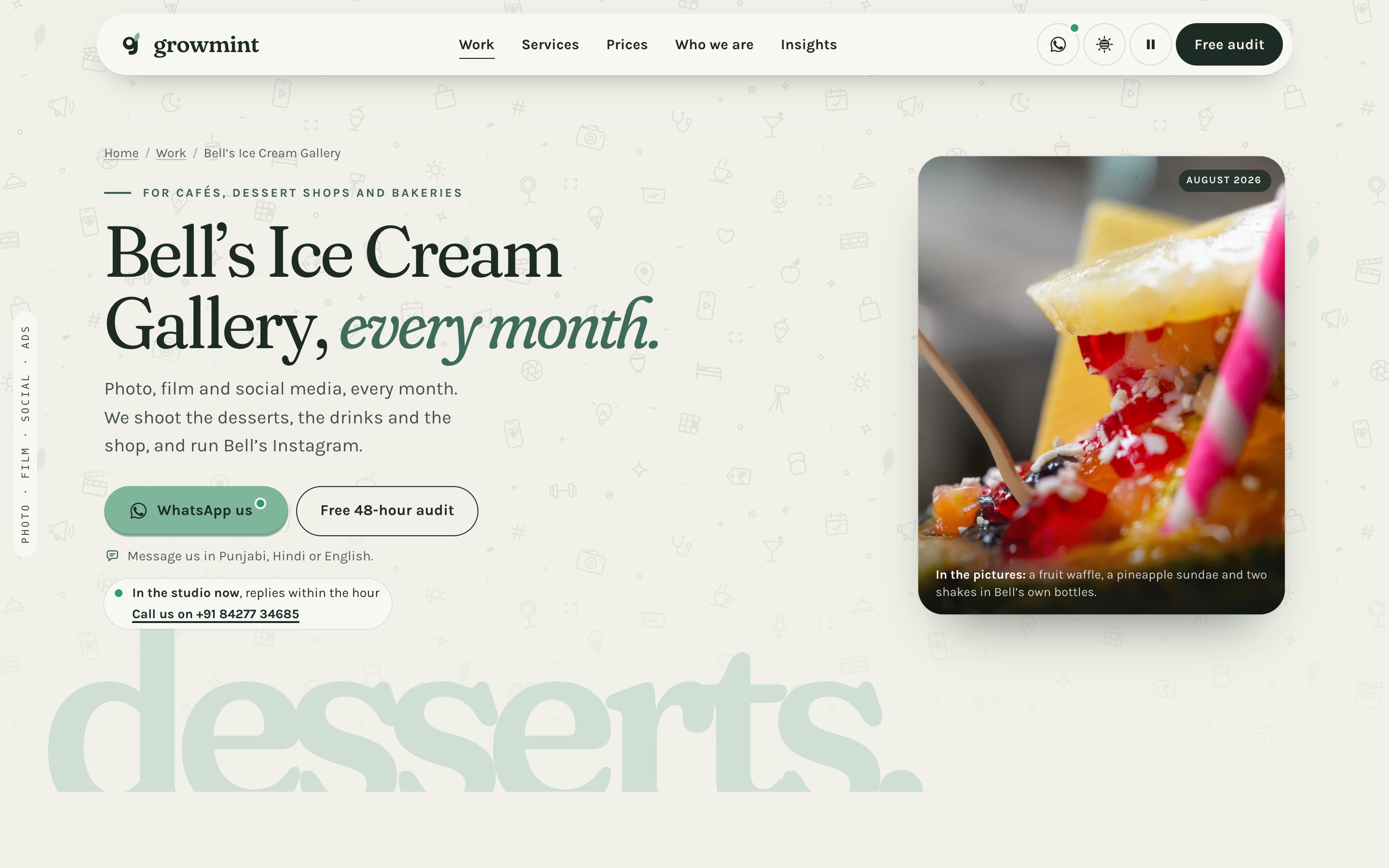 The top of Bell’s page on GrowMint’s site: ‘For cafés, dessert shops and bakeries’, then ‘Bell’s Ice Cream Gallery, every month.’ and what the studio does for them.