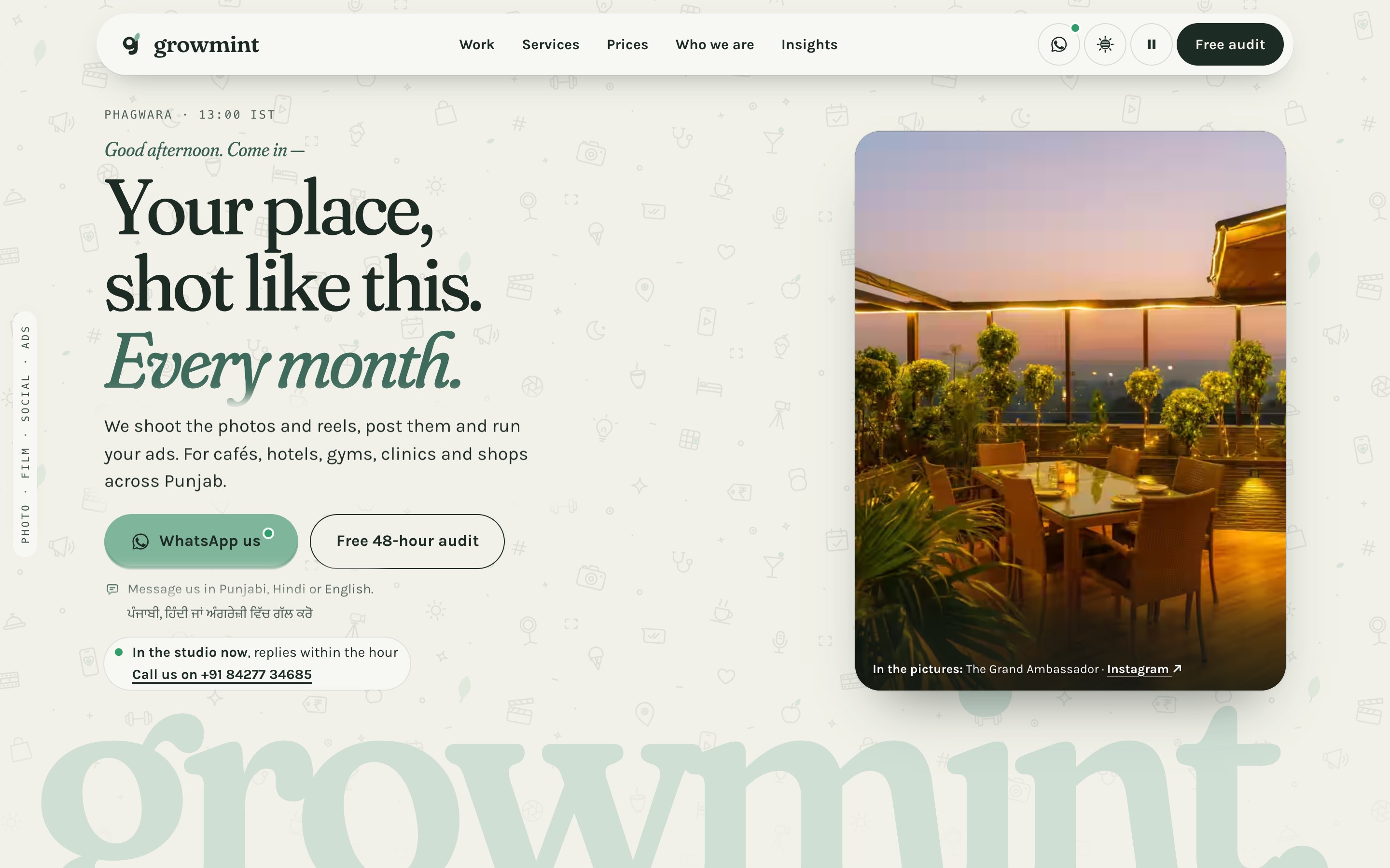 Close-up of the picture on GrowMint’s first screen: the rooftop terrace at The Grand Ambassador at sunset, captioned ‘In the pictures: The Grand Ambassador · Instagram’.