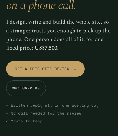 The buttons and promises on the first screen of the previous design, set in small spaced capitals.