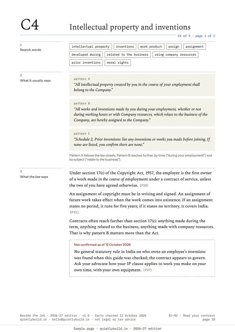 Clause spread C4: search words, three sample clauses, and section 17(c) of the Copyright Act in plain words.