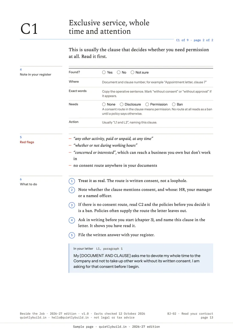 The second page of clause C1: the register entry to fill, the red flags, five steps, and the sentence for your letter.