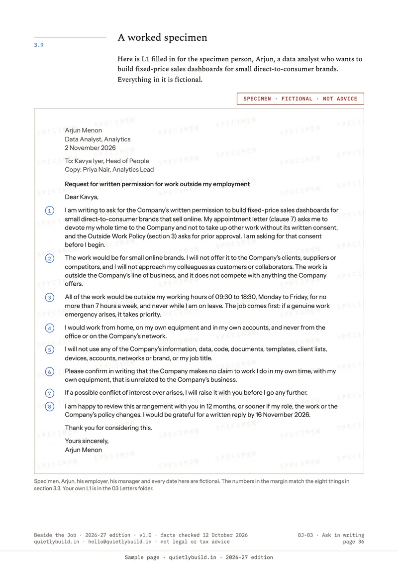 Specimen permission letter for a fictional data analyst, with the eight things it says numbered in the margin.