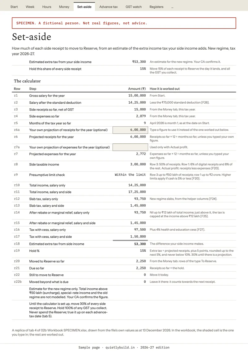 A replica of the specimen workbook’s Set-aside tab: extra tax of 53,300 rupees and a 15% hold, with every step.