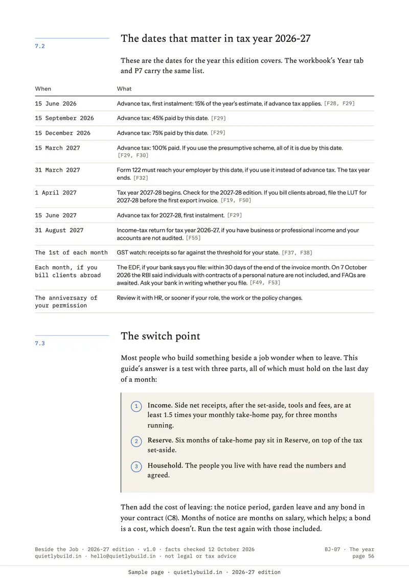 The switch point: three tests on income, reserve and household, all to pass before leaving the job.