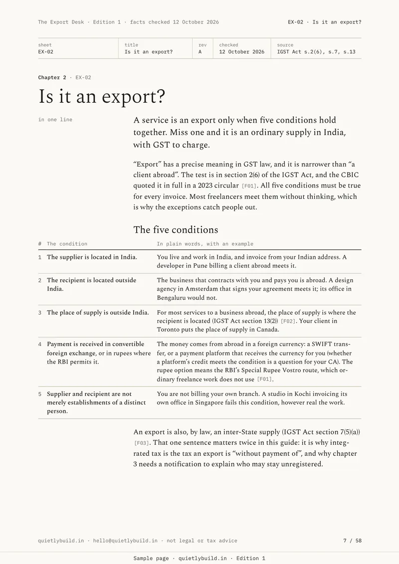 Chapter 2 opens: the five conditions a service must meet to be an export, each in plain words with an example.