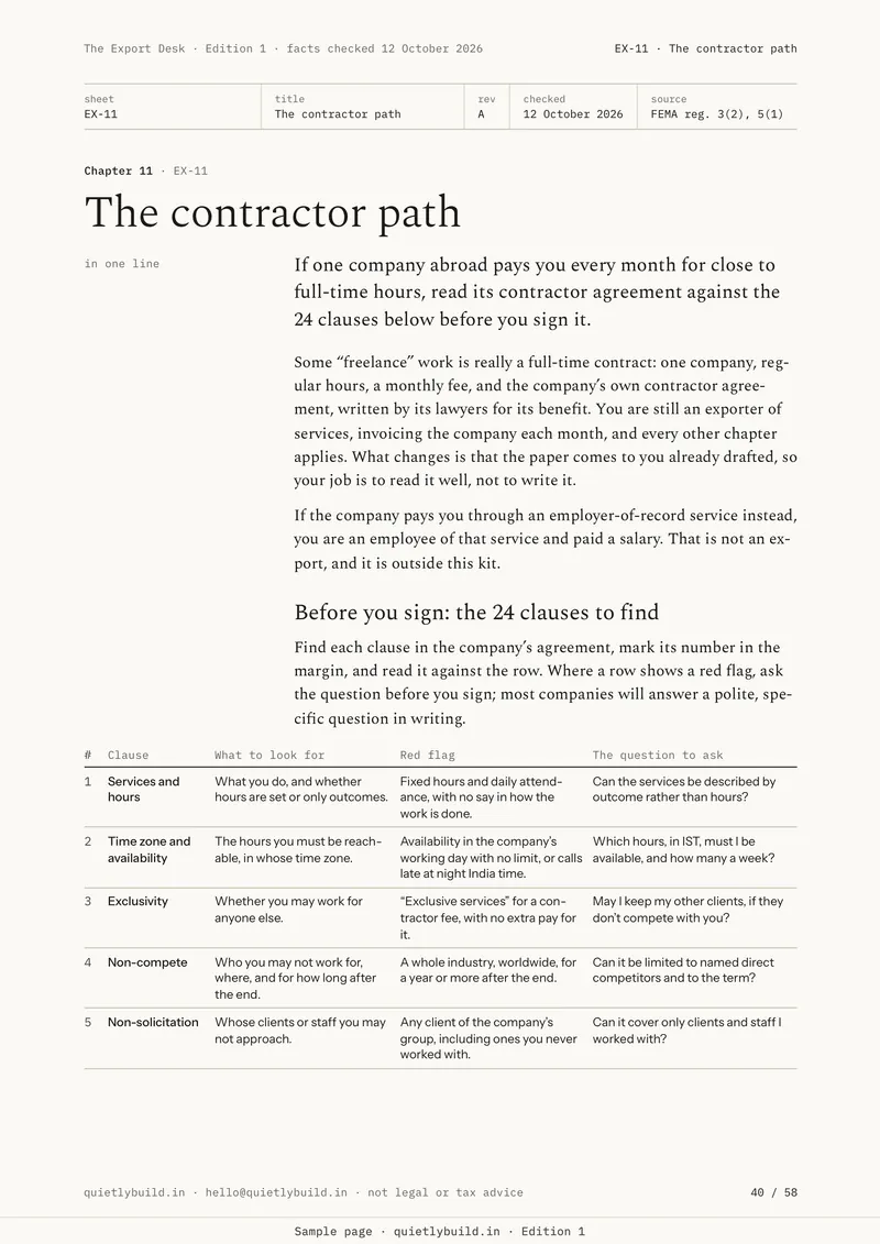The contractor checklist: clauses to find in a company’s contractor agreement, what to look for, the red flag and the question to ask.