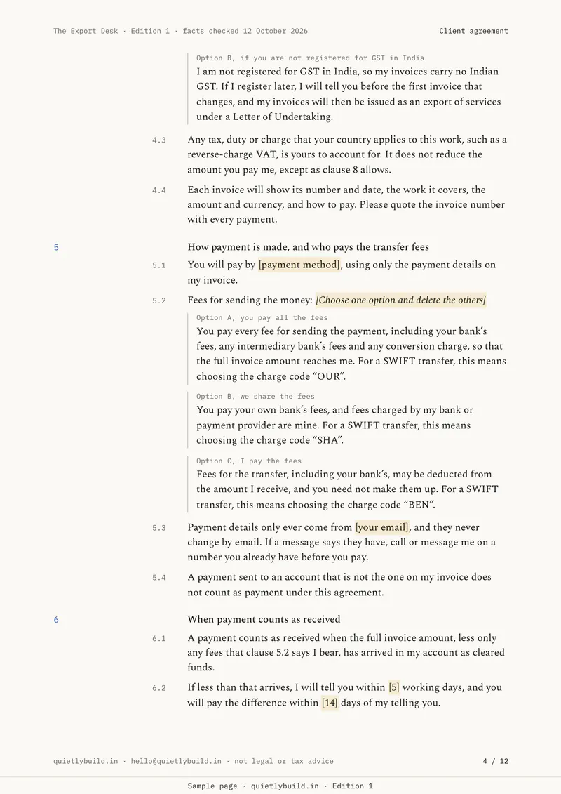 A page of the client agreement for clients abroad: how payment is made, who pays the transfer fees, and due dates inside the nine months.