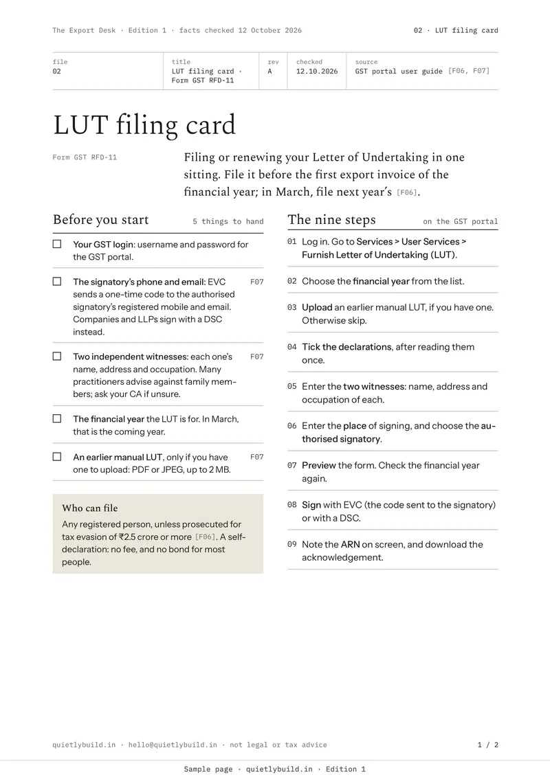 The LUT filing card: what to have ready, and the nine steps on the GST portal from Furnish Letter of Undertaking to the ARN.