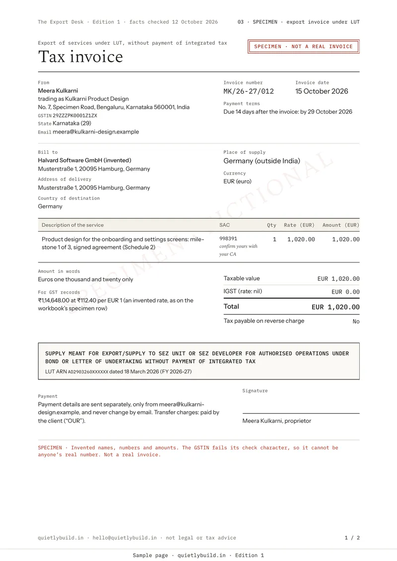 A full-page specimen export invoice under LUT in euros, stamped SPECIMEN, with invented names, numbers and amounts.