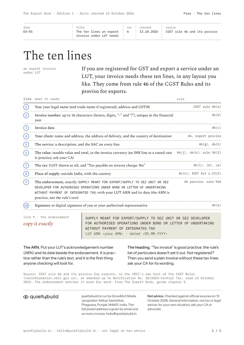 The ten lines, one A4 page from the Export Desk: each line with its rule, and the endorsement written out in full in a grey box, to copy exactly.