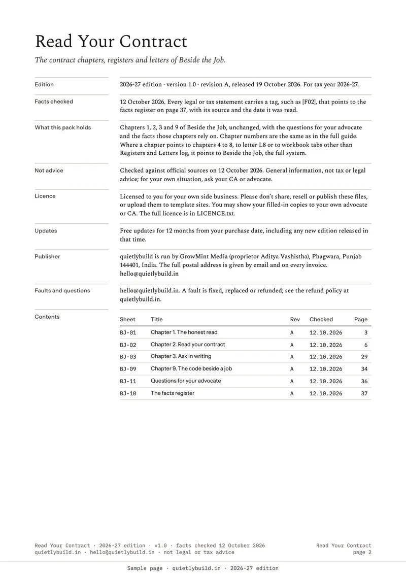 The edition page: version, facts checked 12 October 2026, what the pack holds, and the contents with page numbers.