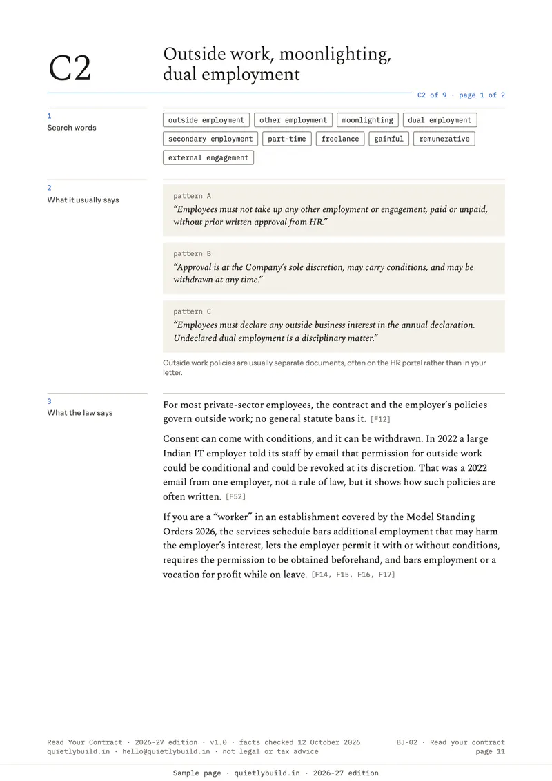Clause spread C2: search words, sample clauses on outside work and moonlighting, and what the law says.