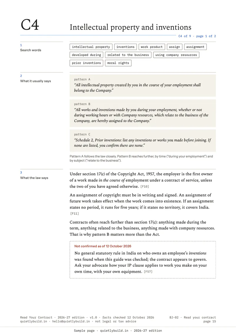 Clause spread C4: search words, three sample clauses, and section 17(c) of the Copyright Act in plain words.