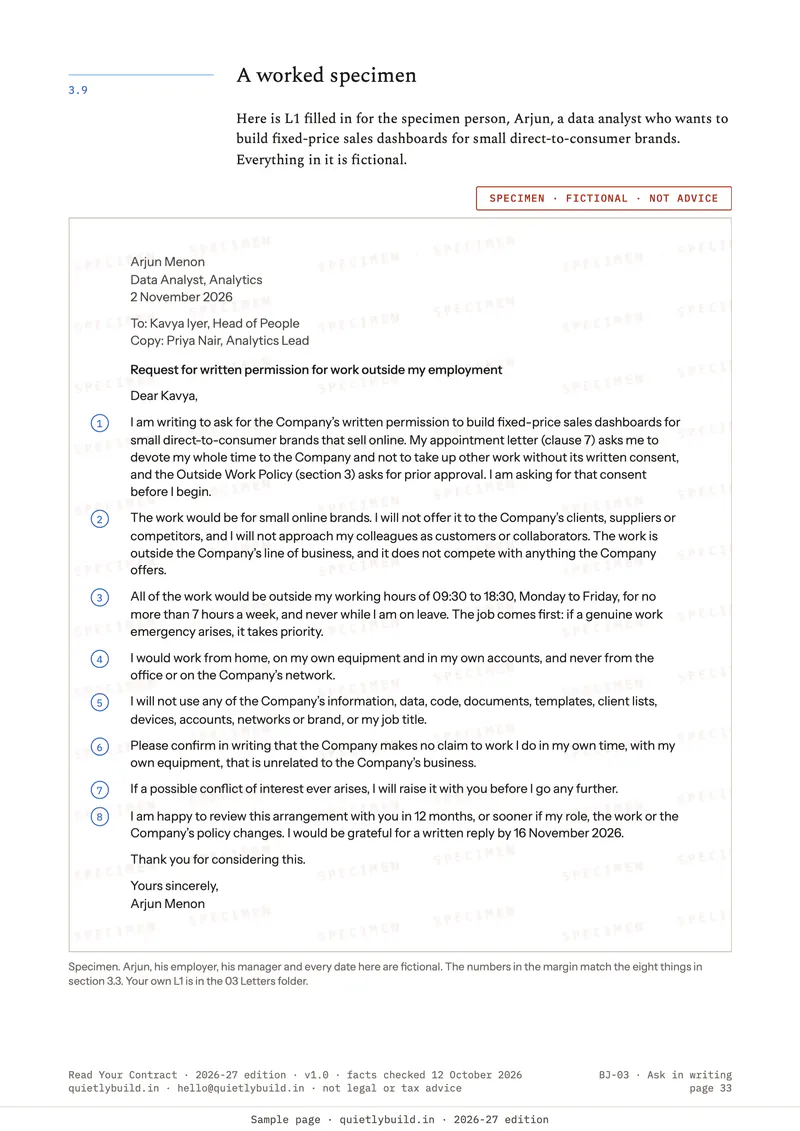 Specimen permission letter for a fictional data analyst, with the eight things it says numbered in the margin.