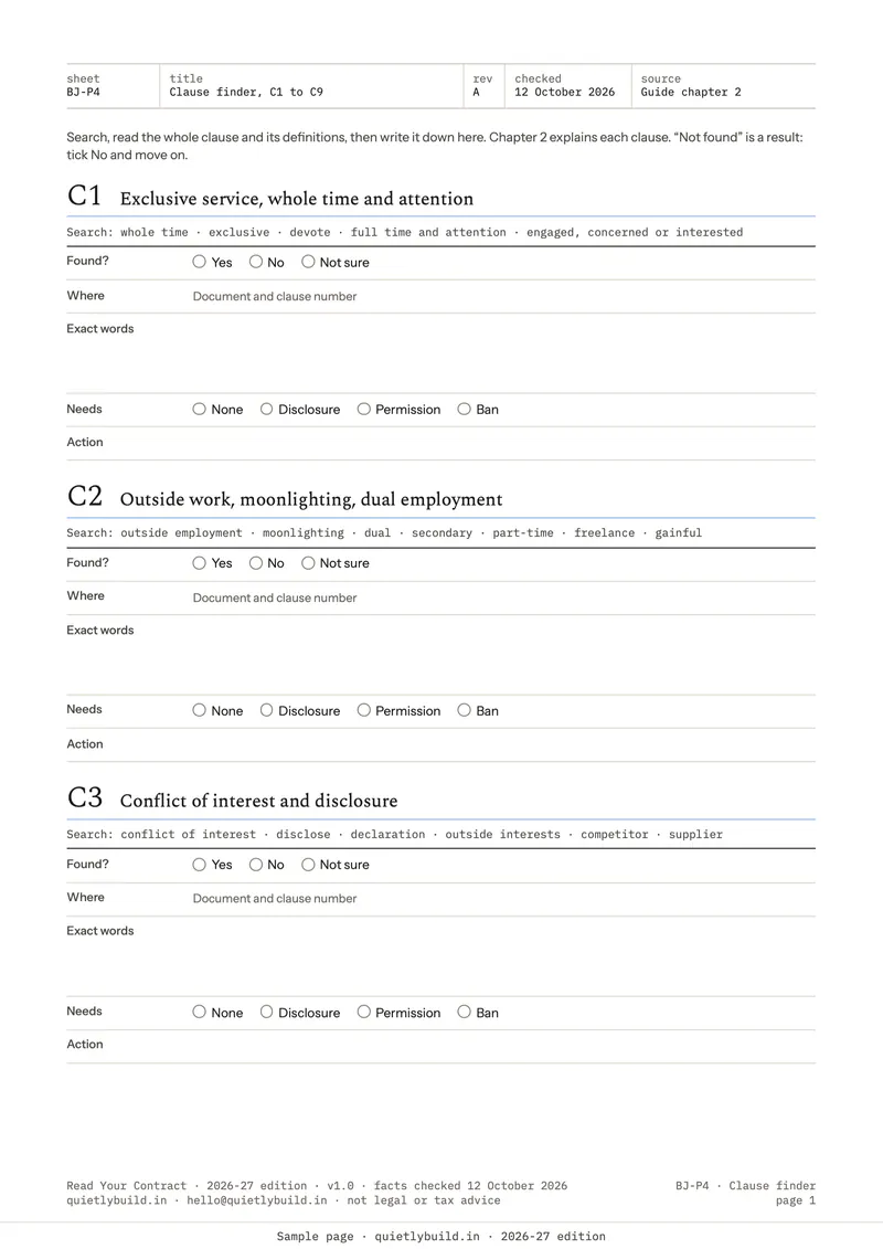 The paper clause finder: for C1 to C3, boxes for found, where, the exact words, what it needs, and the action.