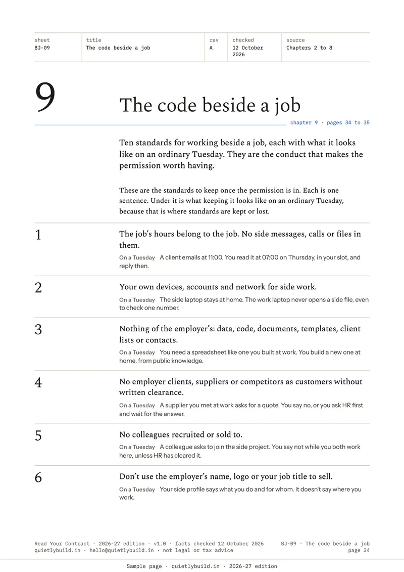 Chapter 9: ten standards for working beside a job, each with what it looks like on an ordinary Tuesday.