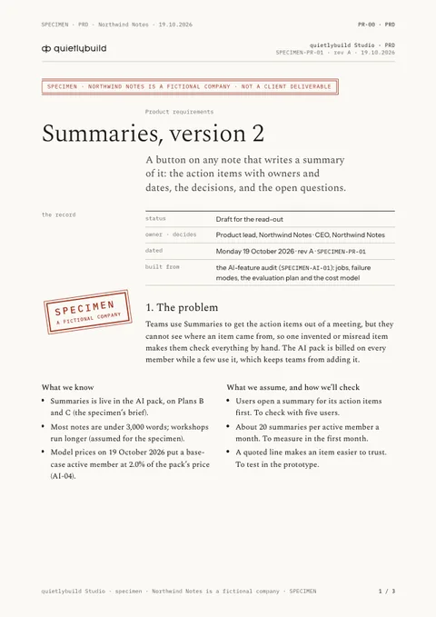 PR-01, A PRD’s first page: a page of the PRD example, written on Northwind Notes, a made-up company