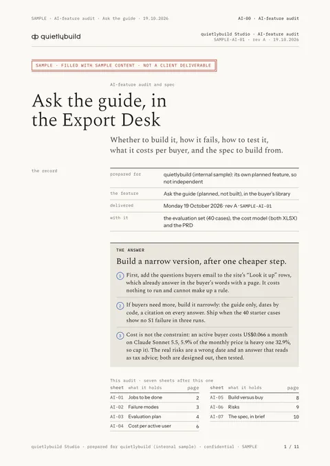The cover and the answer: page 1 of the SAMPLE AI-feature audit report, written on quietlybuild’s own planned feature, Ask the guide.