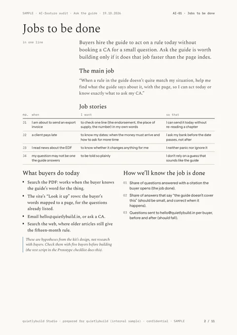 Jobs to be done: page 2 of the SAMPLE AI-feature audit report, written on quietlybuild’s own planned feature, Ask the guide.