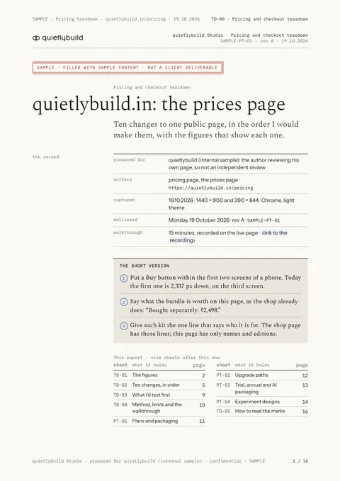 The cover and the short version: page 1 of the SAMPLE pricing and checkout teardown report, written on quietlybuild’s own prices page.