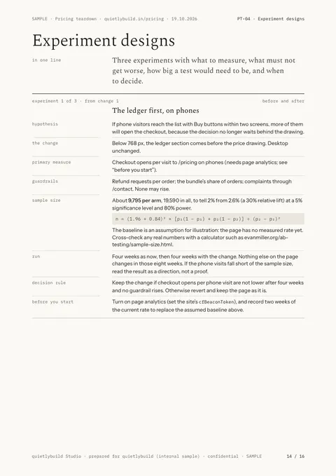 Experiment designs: page 14 of the SAMPLE pricing and checkout teardown report, written on quietlybuild’s own prices page.