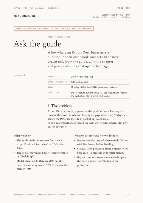 The PRD: the problem: page 1 of the SAMPLE PRD, written on quietlybuild’s own planned feature, Ask the guide.