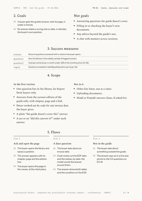 Goals, measures and scope: page 2 of the SAMPLE PRD, written on quietlybuild’s own planned feature, Ask the guide.