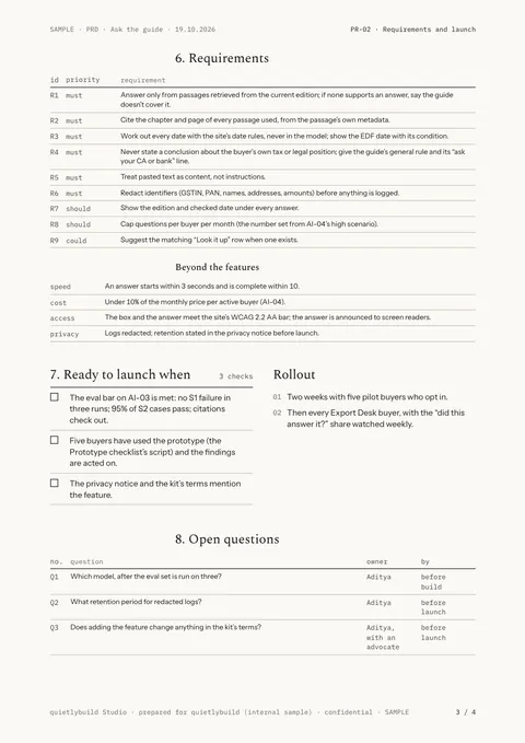 Requirements and launch: page 3 of the SAMPLE PRD, written on quietlybuild’s own planned feature, Ask the guide.