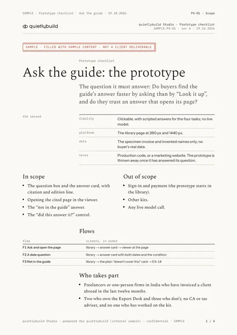 The prototype’s scope: page 1 of the SAMPLE prototype checklist, written on quietlybuild’s own planned feature, Ask the guide.