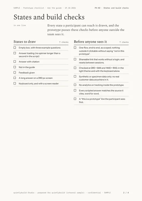 States and build checks: page 2 of the SAMPLE prototype checklist, written on quietlybuild’s own planned feature, Ask the guide.