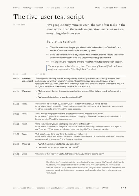The five-user test script: page 3 of the SAMPLE prototype checklist, written on quietlybuild’s own planned feature, Ask the guide.