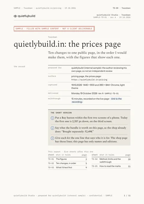 The cover and the short version: page 1 of the SAMPLE teardown report, written on quietlybuild’s own prices page.