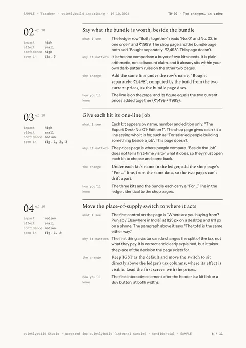 Three changes, in full: page 6 of the SAMPLE teardown report, written on quietlybuild’s own prices page.
