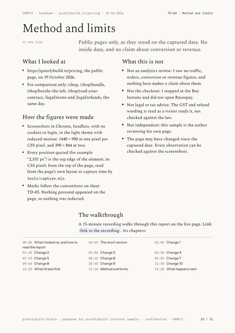 Method and limits: page 10 of the SAMPLE teardown report, written on quietlybuild’s own prices page.