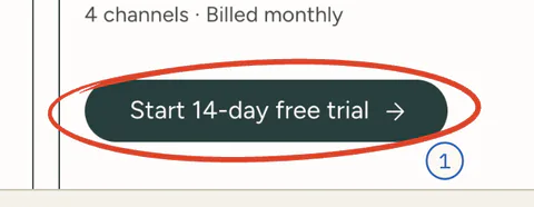Essentials’ “Start 14-day free trial” button, ringed.
