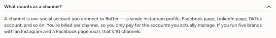 Buffer’s FAQ answer to “What counts as a channel?”: “A channel is one social account you connect to Buffer”, followed by examples.