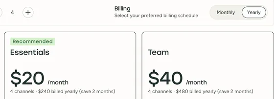 Buffer’s pricing page set to 4 channels and Yearly: Essentials at $20 a month, “4 channels · $240 billed yearly (save 2 months)”, and Team at $40 a month, “4 channels · $480 billed yearly (save 2 months)”.