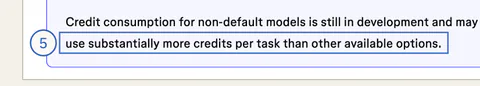 The note that some models “use substantially more credits per task”, framed.