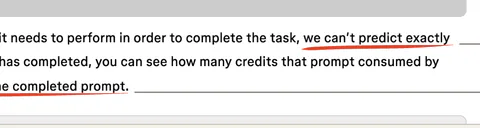 “we can’t predict exactly” and “hovering over the AI credits icon below the completed prompt”, underlined.